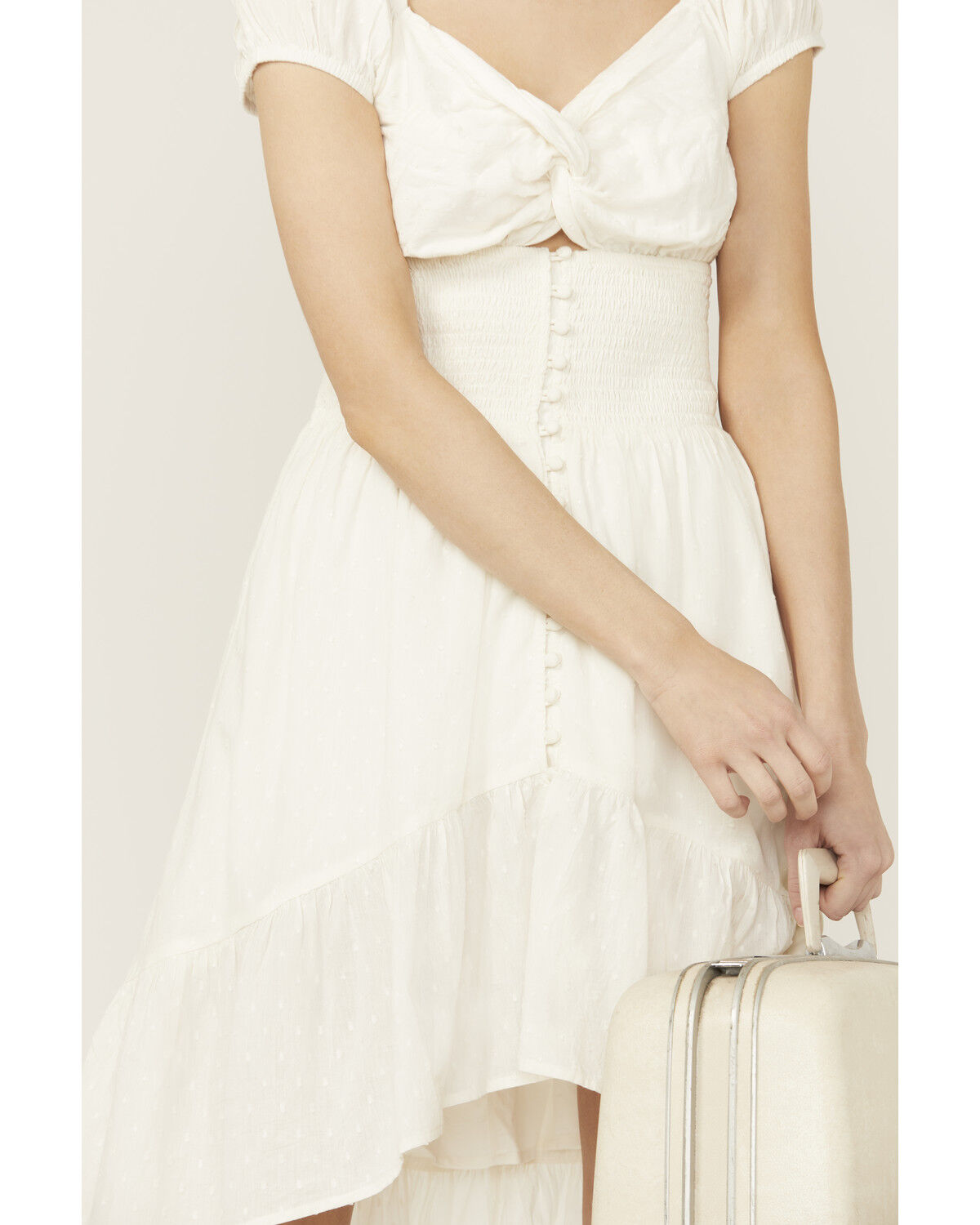 Image #3 - Shyanne Women's Solid Twist Front Short Sleeve High-Low Dress, Cream, hi-res