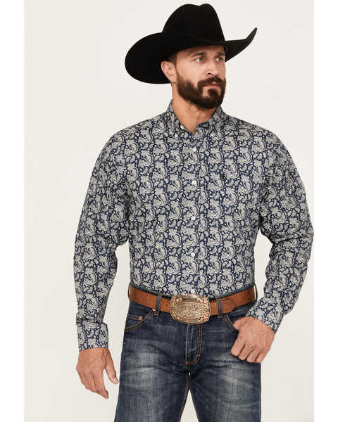 Ariat Men's Kohen Paisley Print Long Sleeve Button-Down Western Shirt, Navy, hi-res