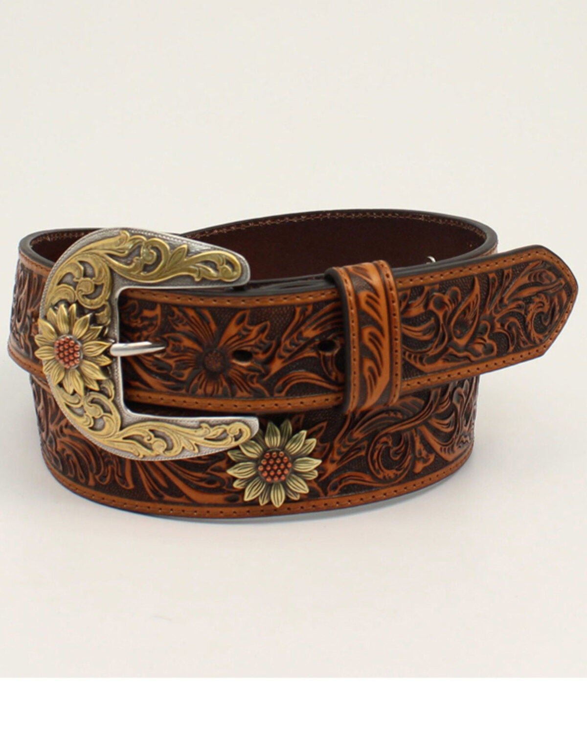 M & F Western Women's Tan Floral Tooled Sunflower Concho Belt, Tan, hi-res