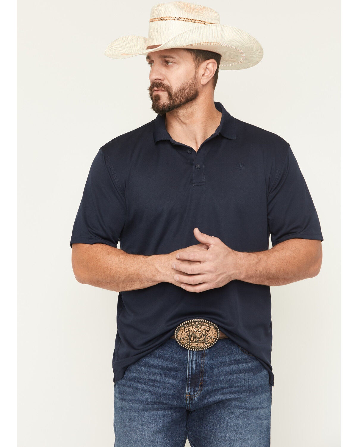 Ariat Men's Tek Short Sleeve Polo, Navy, hi-res