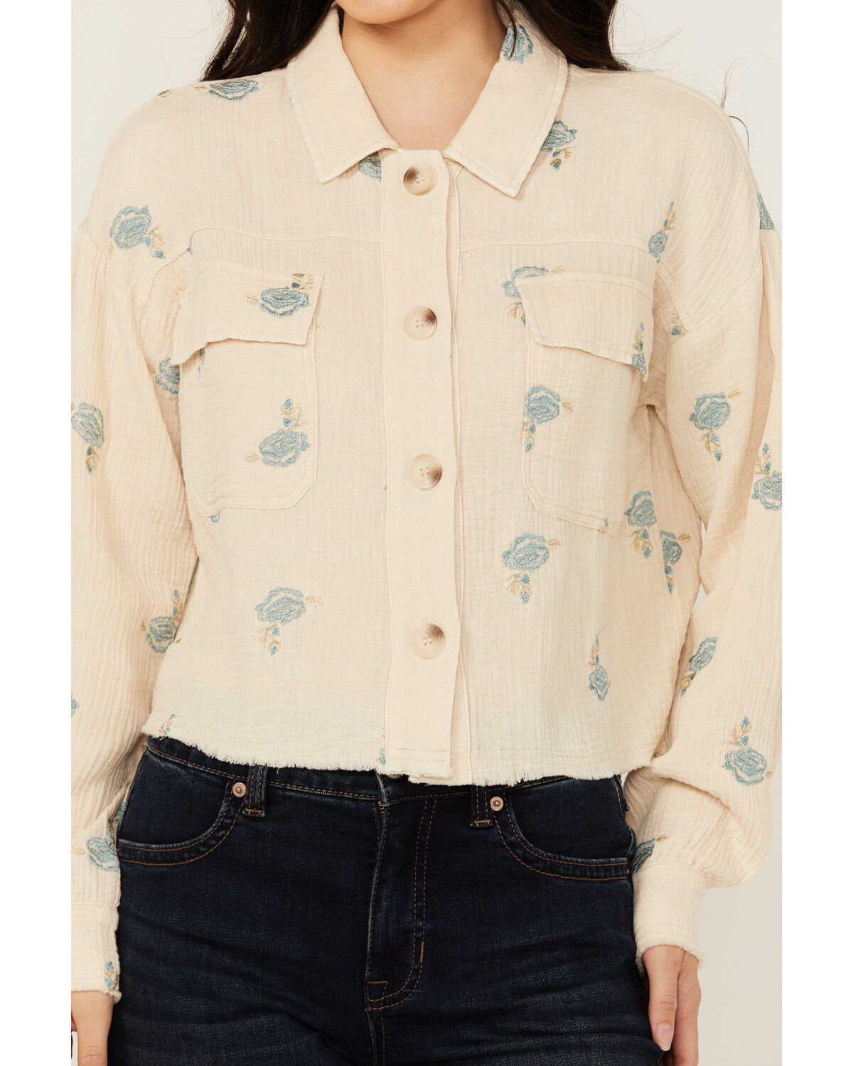 Image #3 - Mystree Women's Floral Embroidered Long Sleeve Button-Down Shirt, Cream, hi-res