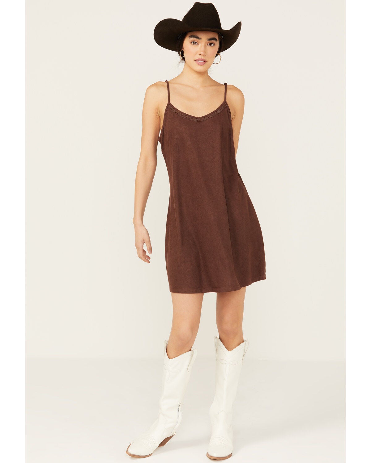 Shyanne Women's Faux Suede Sleeveless Mini Dress, Dark Brown, hi-res