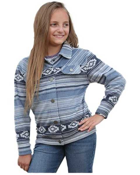 Cruel Girl Girls' Southwestern Stripe Trucker Snap Jacket, Blue, hi-res