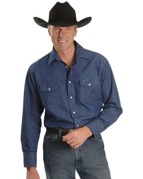 Wrangler Men's Cowboy Cut Work Denim Shirt, Denim, hi-res