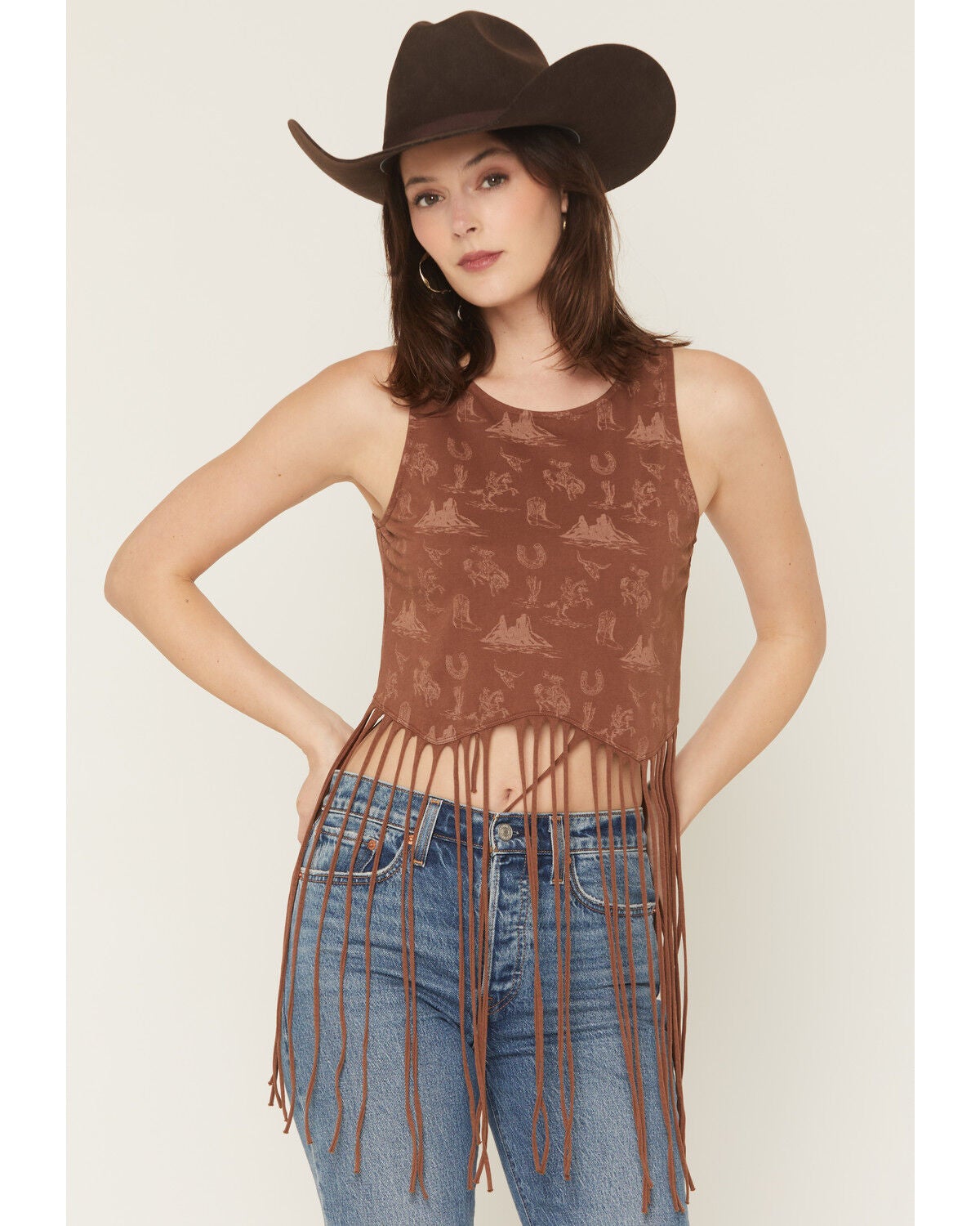 Image #1 - Rock & Roll Denim Women's Icon Fringe Tank, Brown, hi-res
