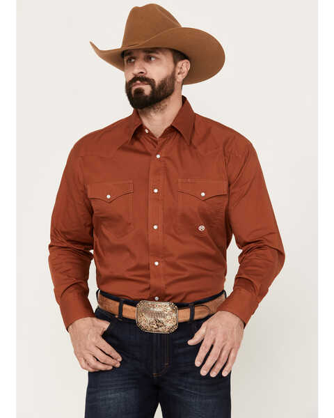 Roper Men's Amarillo Solid Long Sleeve Stretch Western Snap Shirt, Rust Copper, hi-res
