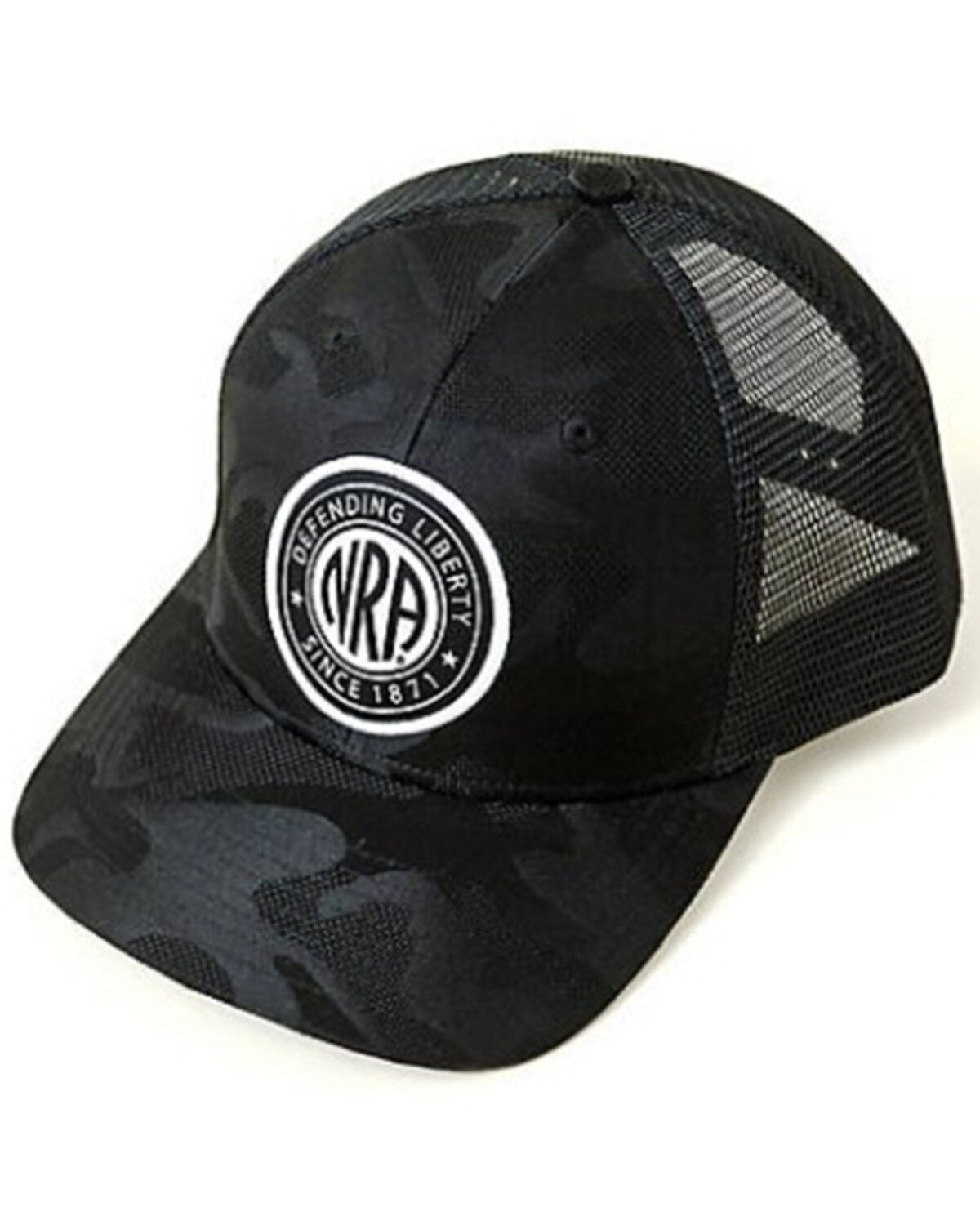 Image #1 - NRA Men's Black Camo Circle Logo Patch Mesh-Back Trucker Cap, Black, hi-res
