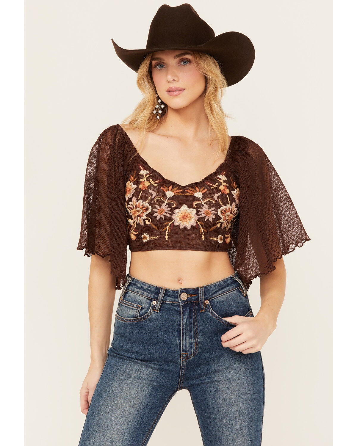 Shyanne Women's Embroidered Swiss Dot Mesh Short Sleeve Top, Dark Brown, hi-res