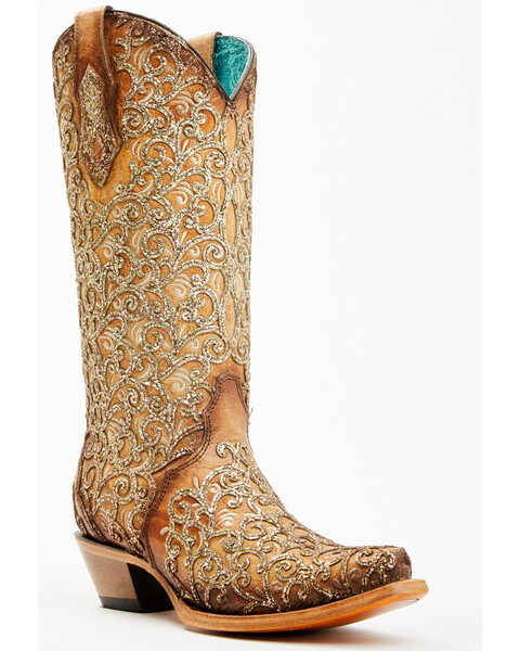Corral Women's Saddle Glitter Overlay Triad Western Boots - Snip Toe , Brown, hi-res