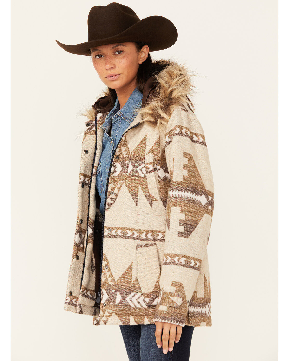 Image #2 - Outback Trading Co Women's Boot Barn Exclusive Southwestern Print Fur Trim Myra Jacket, Brown, hi-res
