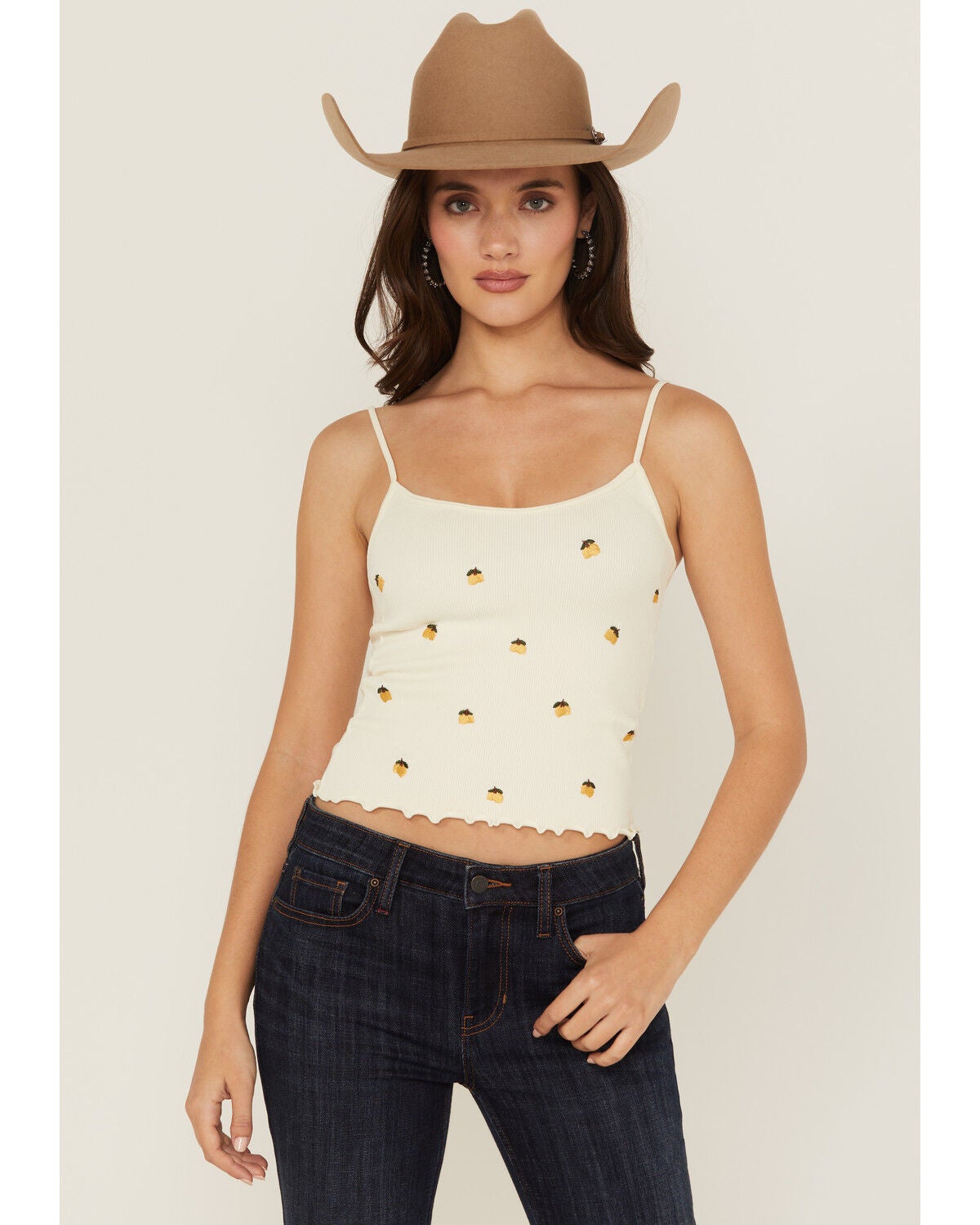 Fornia Women's Lemon Embroidered Sleeveless Cropped Tank Top, White, hi-res