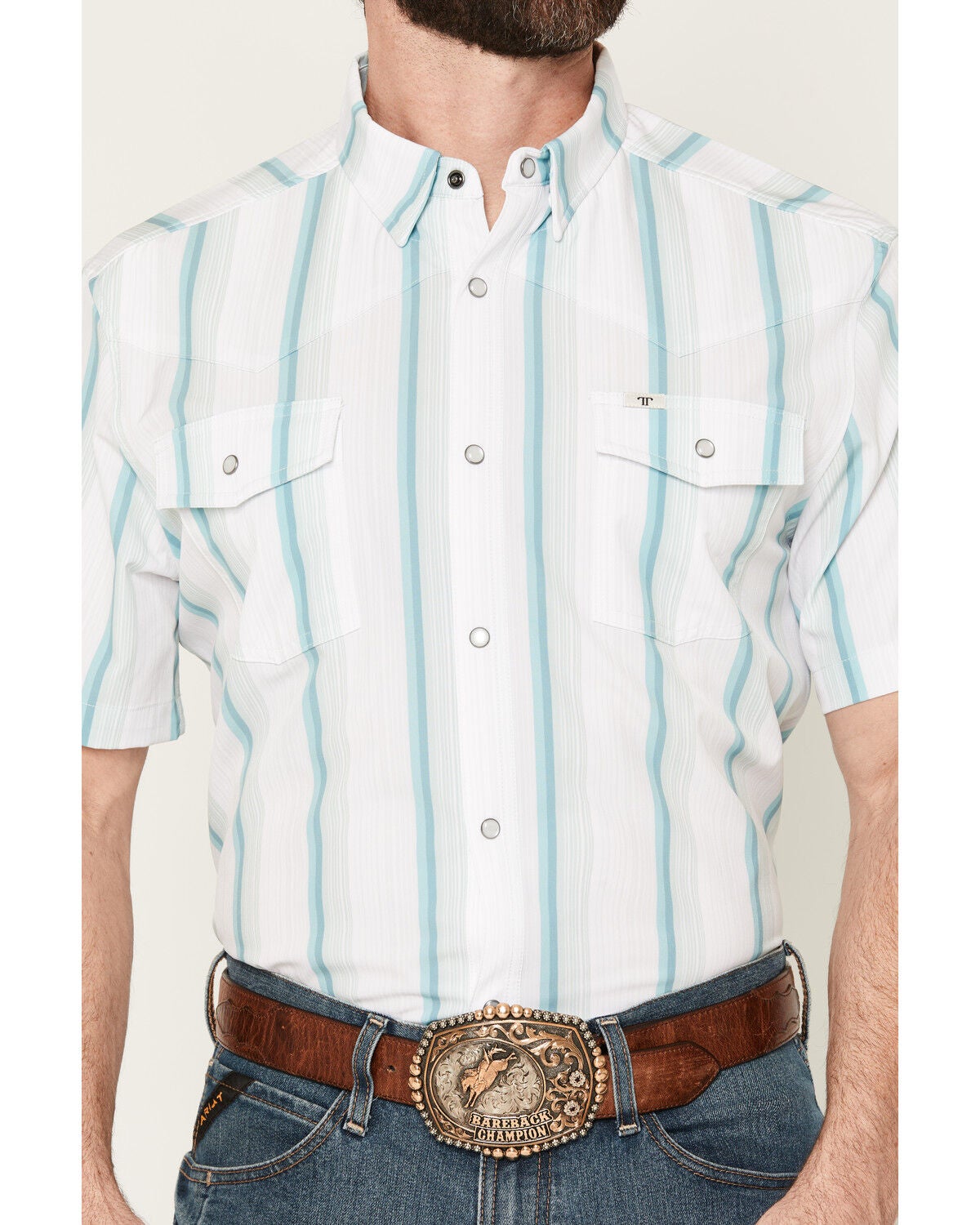 Image #3 - Ferrell Men's Tristan Striped Print Short Sleeve Snap Stretch Western Shirt, White, hi-res