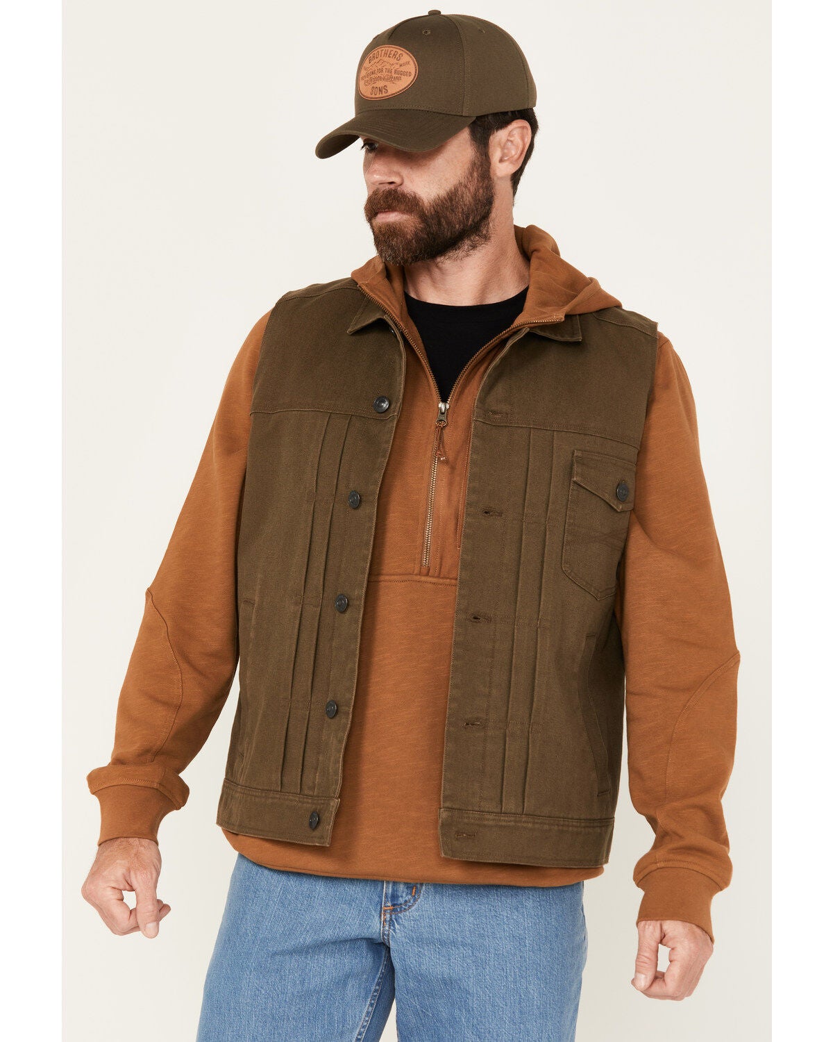 Brothers and Sons Men's Granger Duck Trucker Vest, Dark Green, hi-res