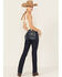 Image #1 - Miss Me Women's Dark Wash Mid Rise Whip Stitch Pocket 34" Bootcut Stretch Denim Jeans, Dark Wash, hi-res