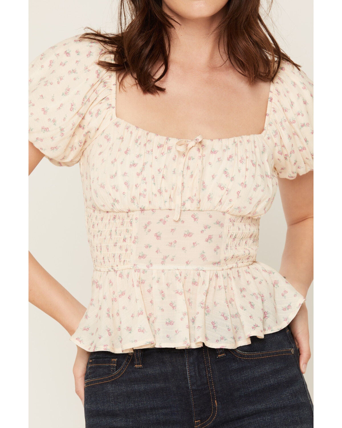 Image #3 - Ash & Violet Women's Ditsy Floral Smocked Waist Top, Cream, hi-res