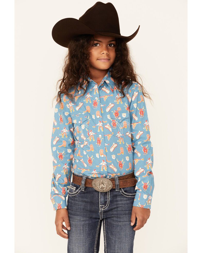 Rock & Roll Denim Girls' Steer Print Long Sleeve Western Shirt, Blue, hi-res