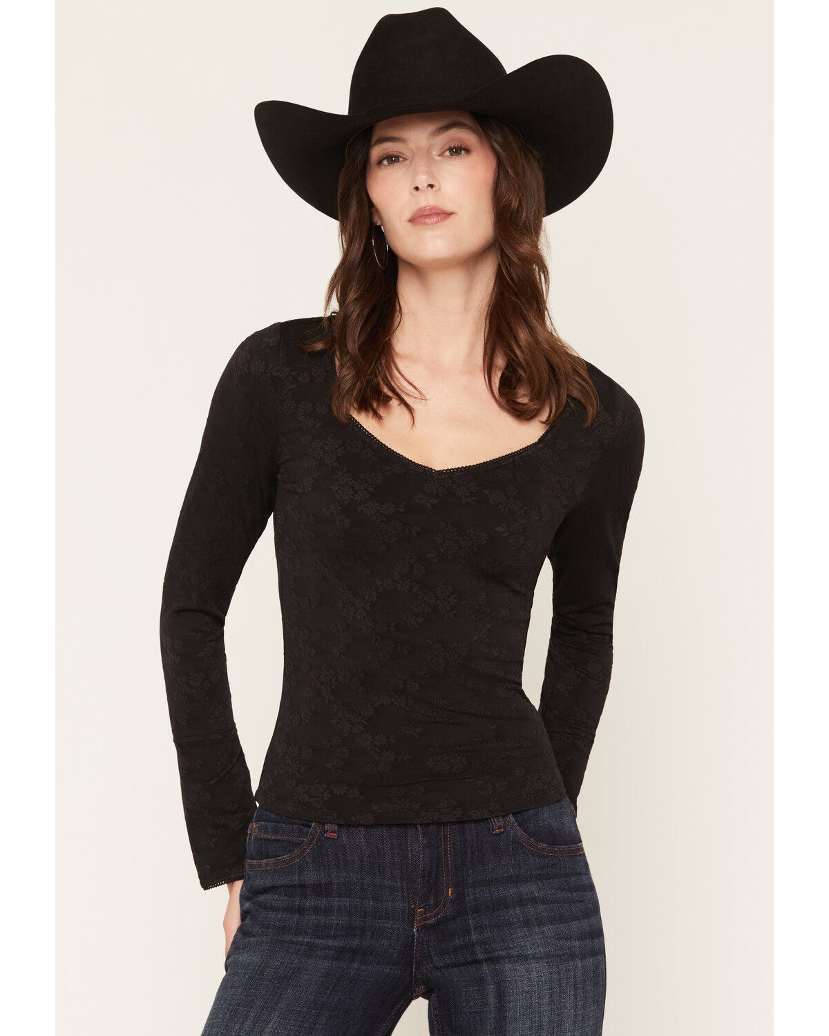 Image #1 - Idyllwind Women's Picot Trim Long Sleeve Top, Black, hi-res