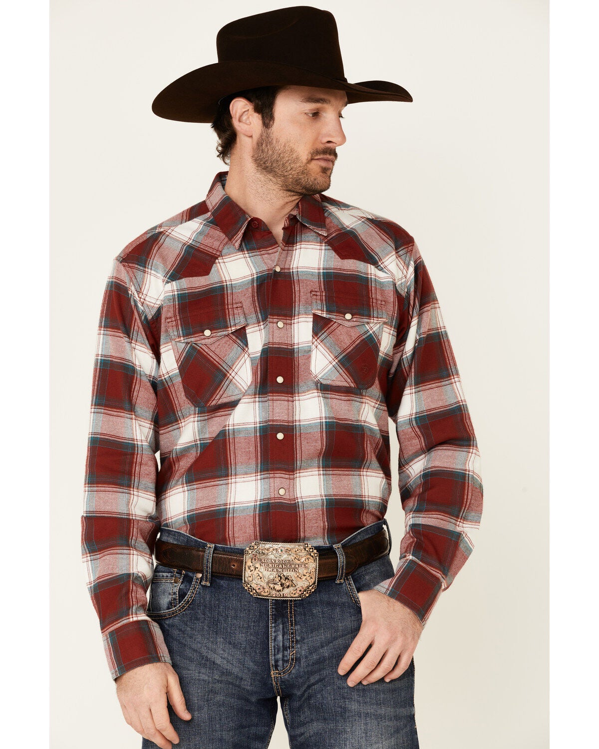 Ariat Men's Hillsboro Retro Large Plaid Long Sleeve Snap Western Flannel Shirt, Red, hi-res