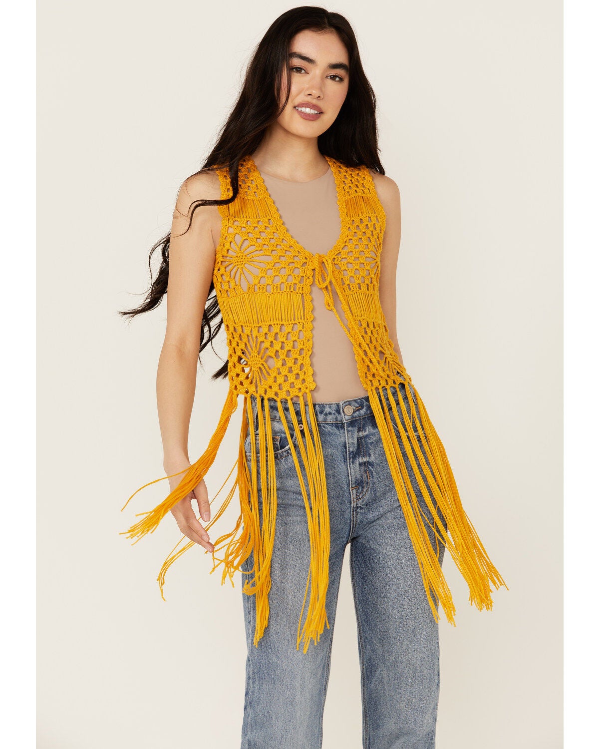Rock & Roll Denim Women's Crochet Vest, Orange, hi-res