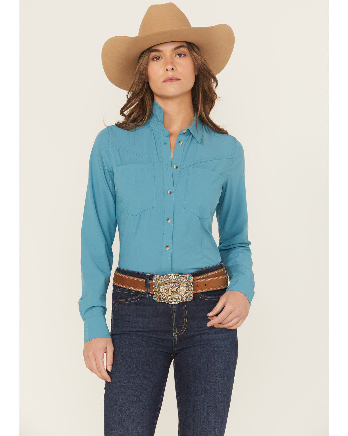 Image #1 - Shyanne Women's Solid Long Sleeve Button-Down Performance Shirt, Turquoise, hi-res