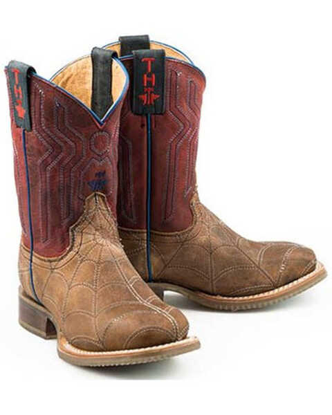 Tin Haul Boys' Spider Stitch Western Boots - Square Toe, Brown, hi-res