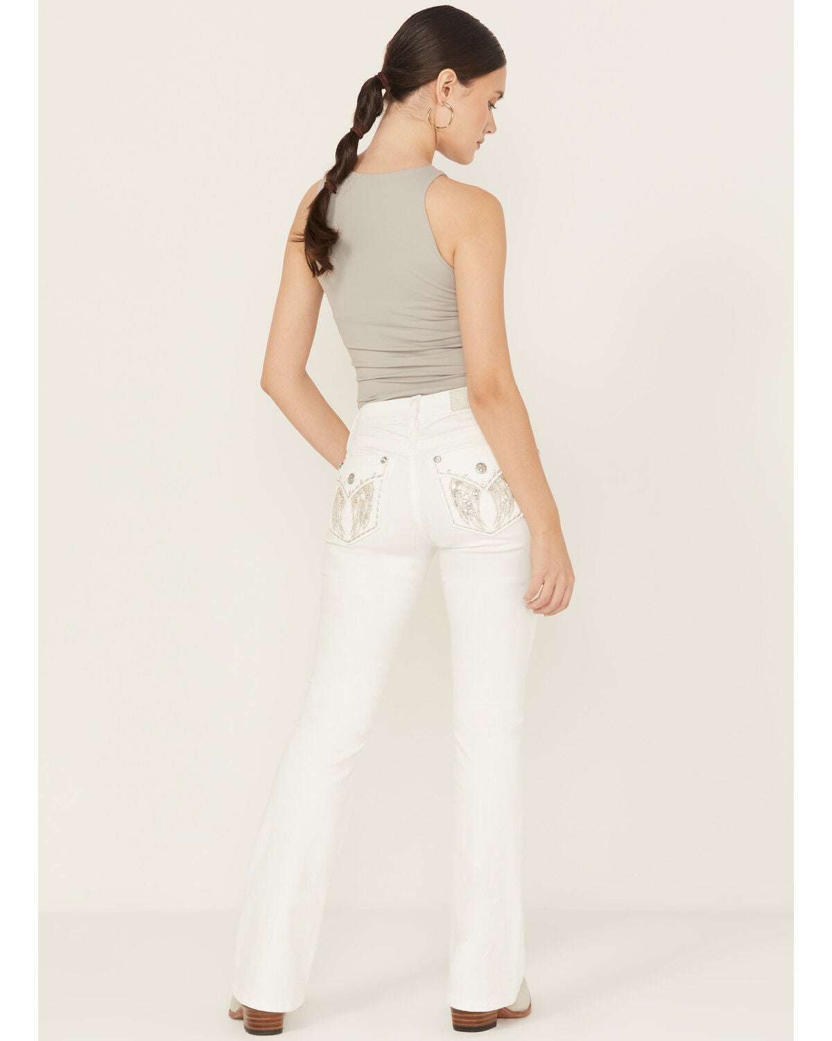 Miss Me Women's Mid Rise Wing Pocket 32" Bootcut Stretch Denim Jeans, White, hi-res