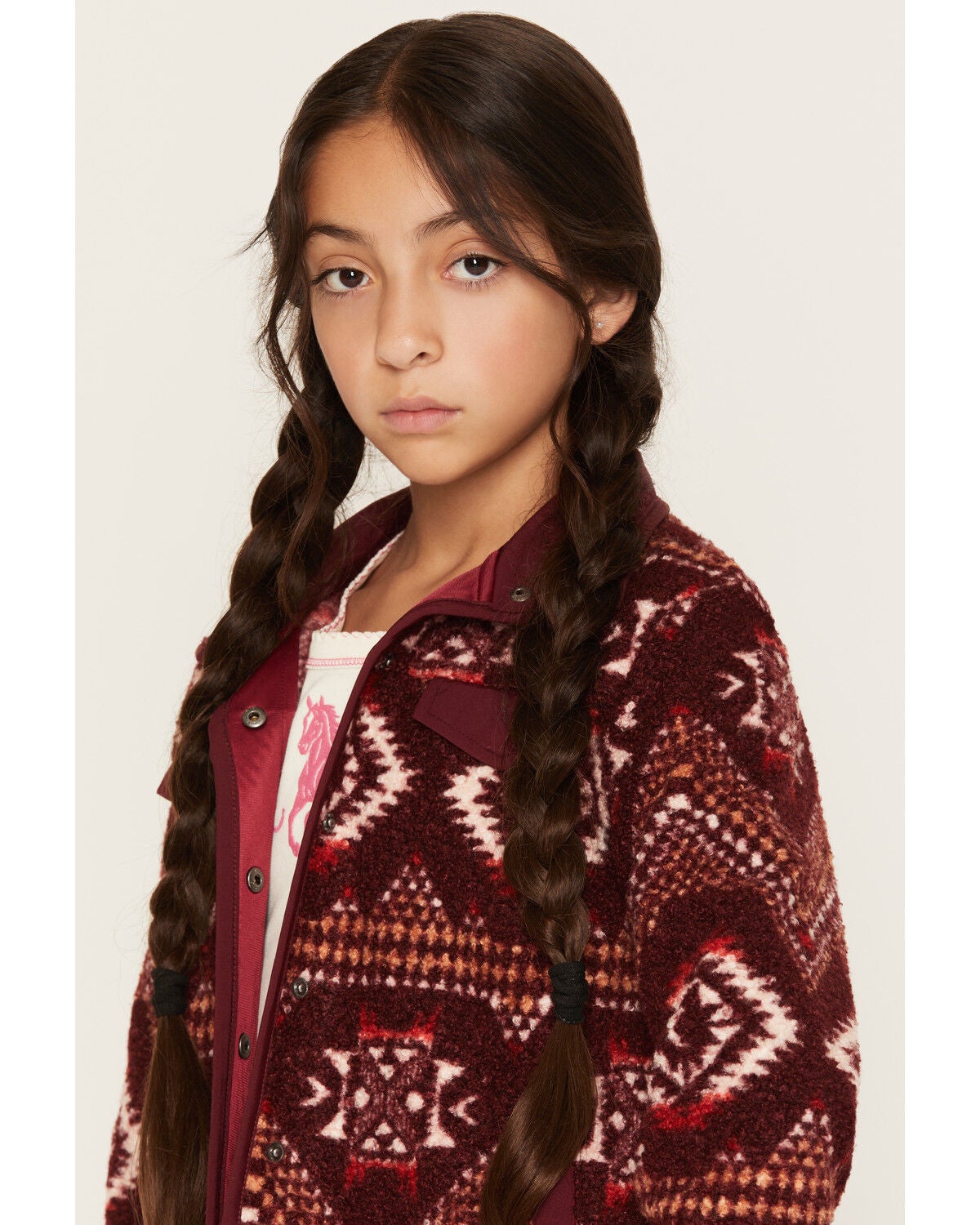 Image #2 - Panhandle Slim Girls' Southwestern Print Berber Jacket, Burgundy, hi-res