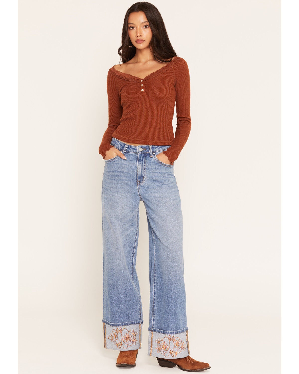 Rodeo Quincy X Boot Barn Women's Rowdy Rose Light Wash High Rise Cuffed Wide Leg Stretch Denim Jeans, Light Wash, hi-res
