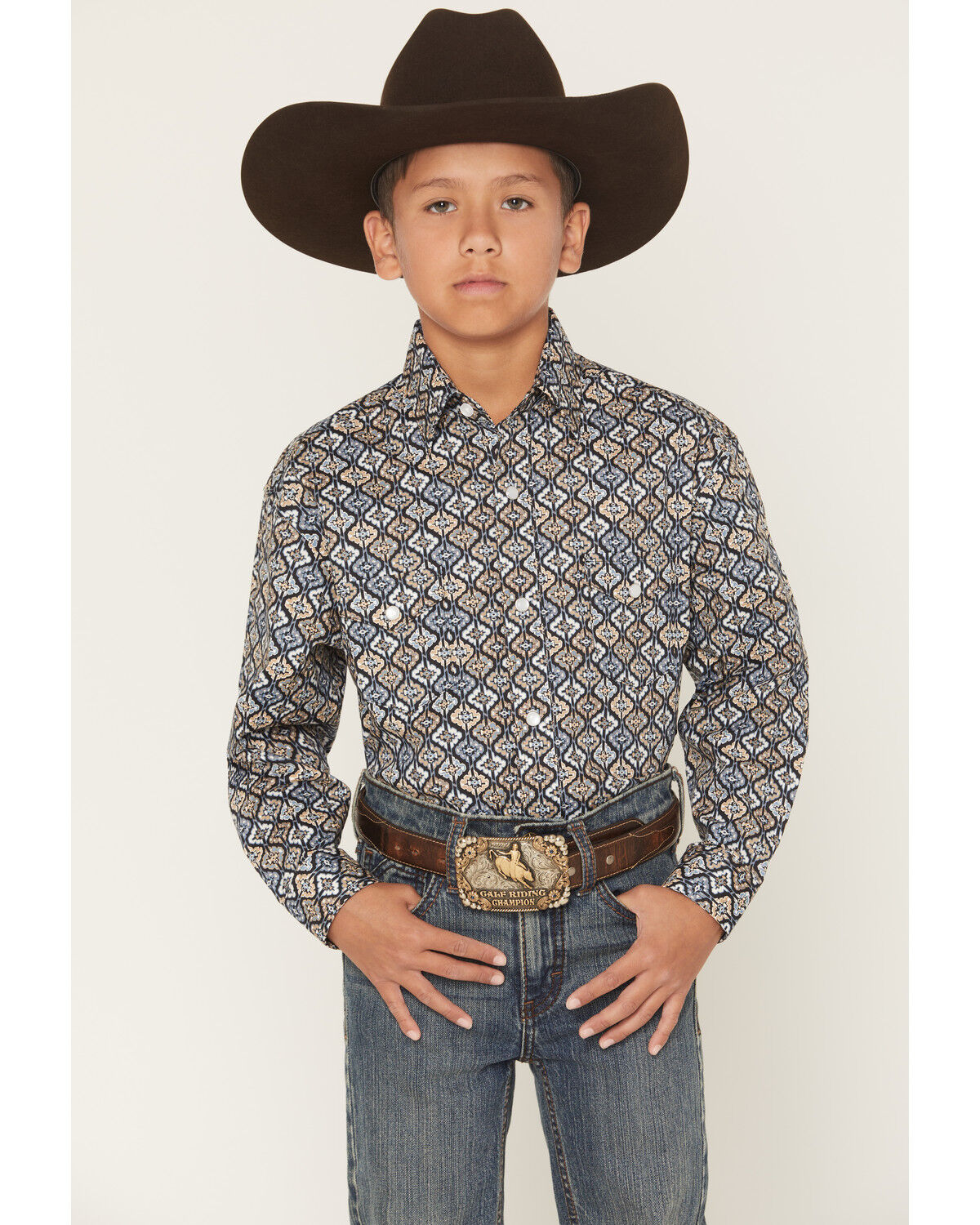 Image #1 - Panhandle Slim Boys' Geo Print Long Sleeve Snap Stretch Western Shirt, Navy, hi-res