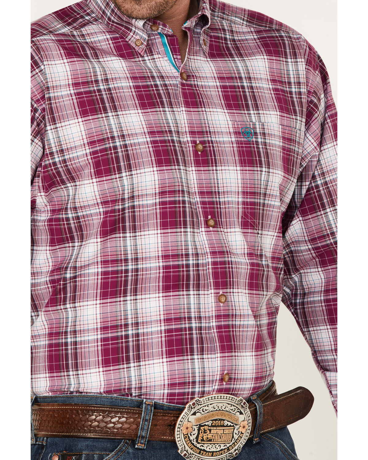 Image #3 - Ariat Men's Fosco Pro Stretch Plaid Button Down Western Shirt, Pink, hi-res