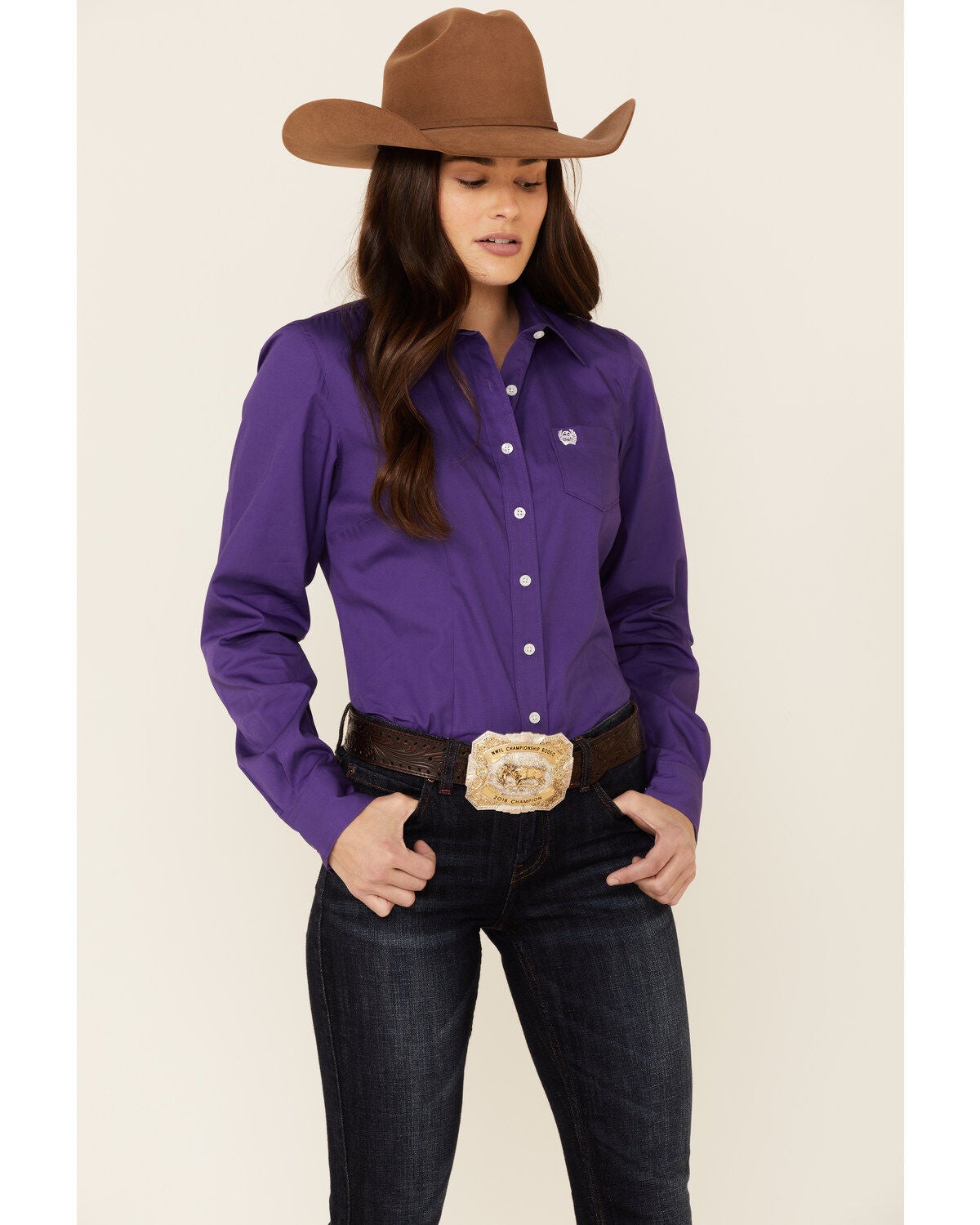 Cinch Women's Solid Purple Long Sleeve Button-Down Western Core Shirt, Purple, hi-res