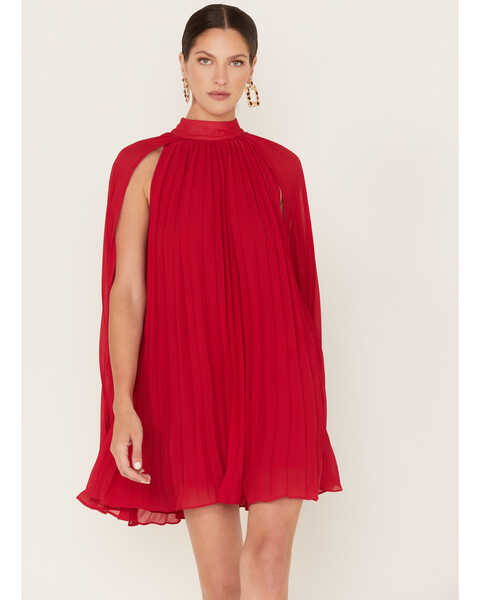 Flying Tomato Women's Pleated Cape Dress, Red, hi-res