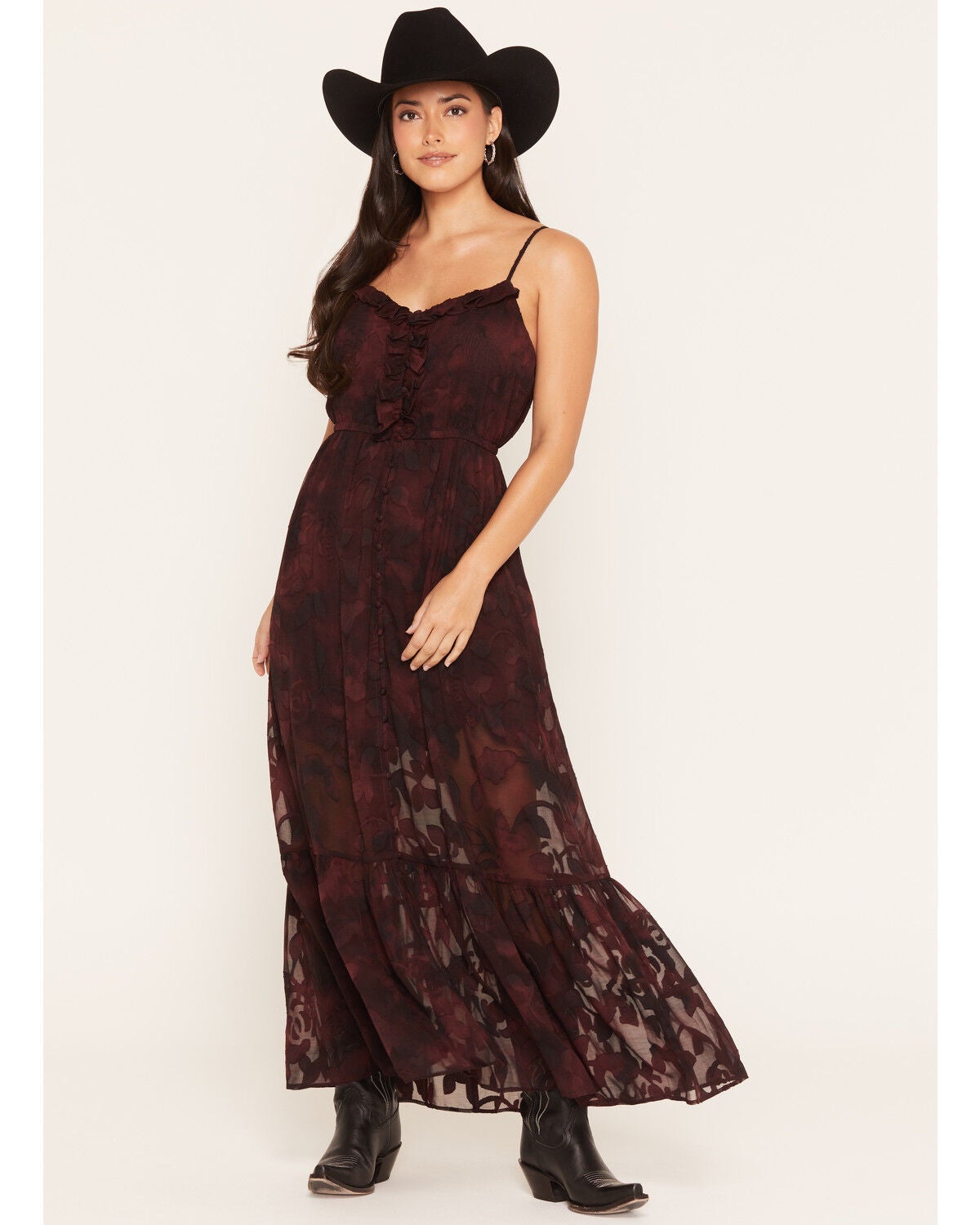 Idyllwind Women's Silla Button-Front Ruffle Maxi Dress, Wine, hi-res