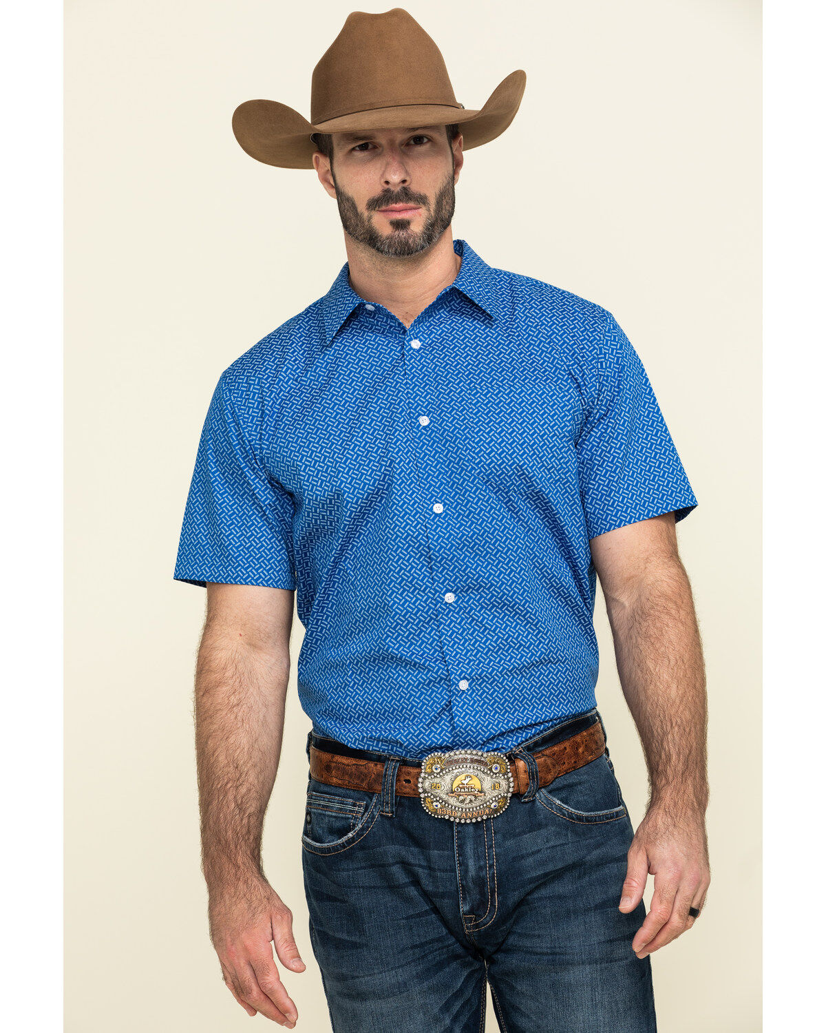 Image #1 - Gibson Men's Combover Geo Print Short Sleeve Western Shirt, Royal Blue, hi-res
