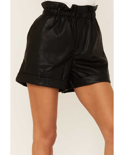 Lush Women's Pleather Paperbag High Waisted Shorts, Black, hi-res