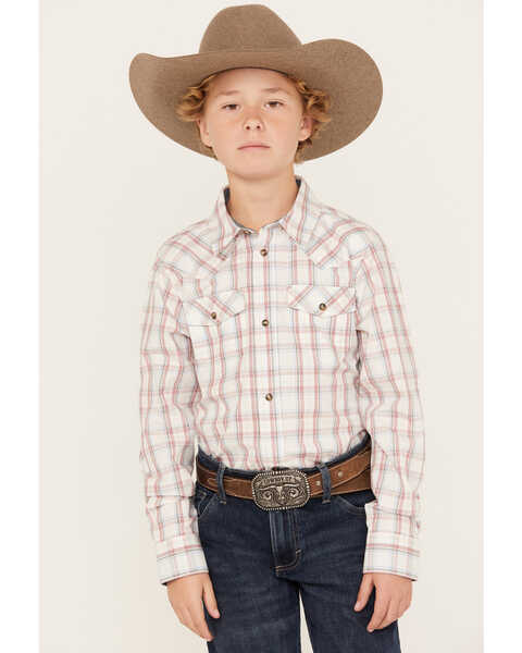Cody James Boys' Plaid Print Long Sleeve Snap Western Shirt, White, hi-res
