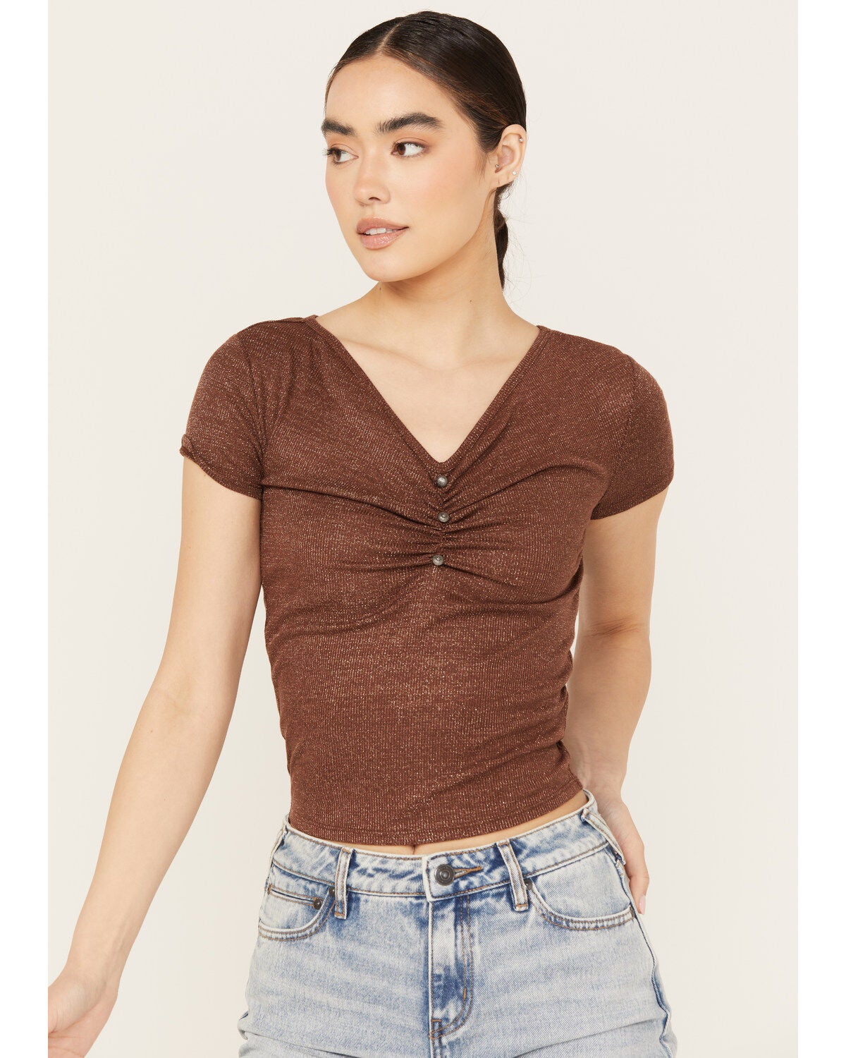 Shyanne Women's Metallic Rib Tee, Dark Brown, hi-res