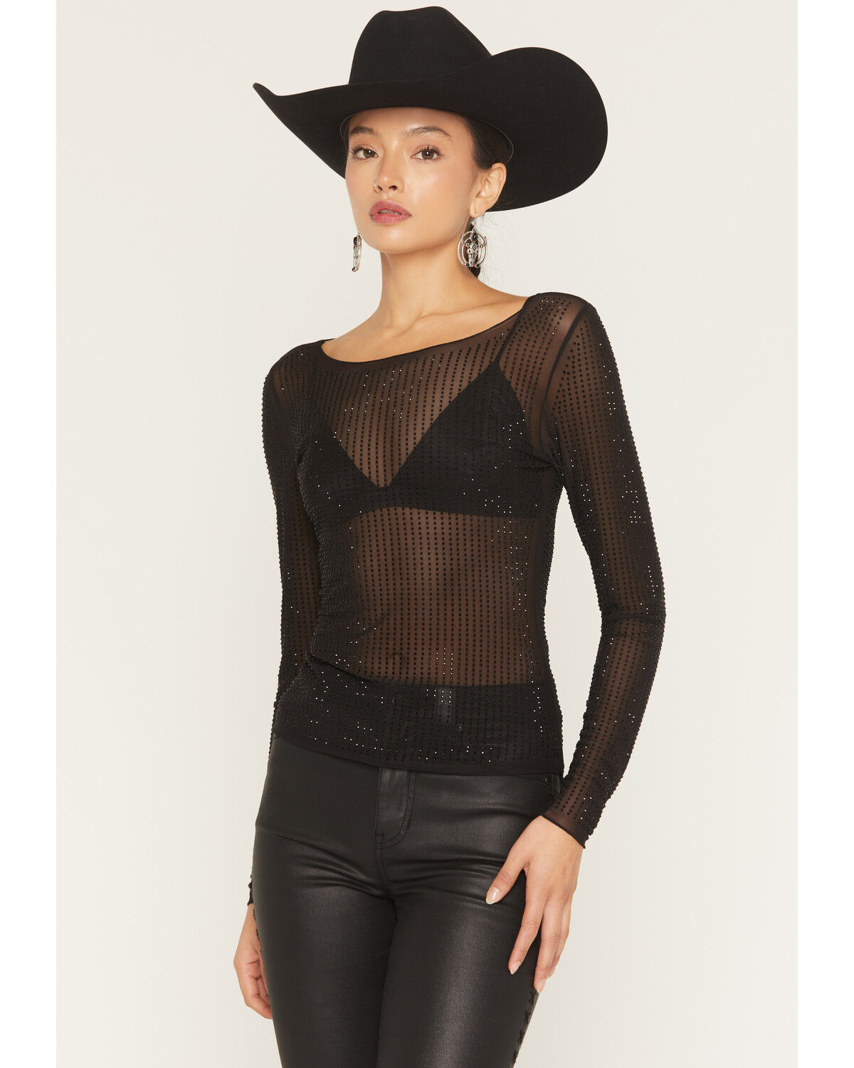 Image #1 - Idyllwind Women's Hollyhock Rhinestone Mesh Long Sleeve Shirt, Black, hi-res