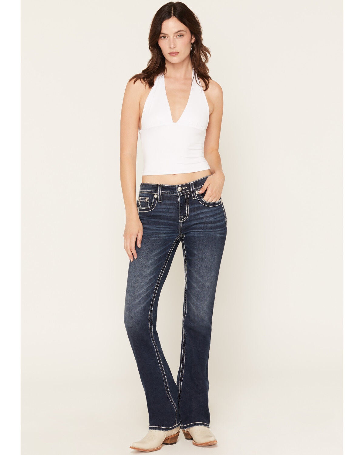 Image #3 - Miss Me Women's Dark Wash Mid Rise Winged Pocket 32" Bootcut Stretch Denim Jeans, Dark Wash, hi-res