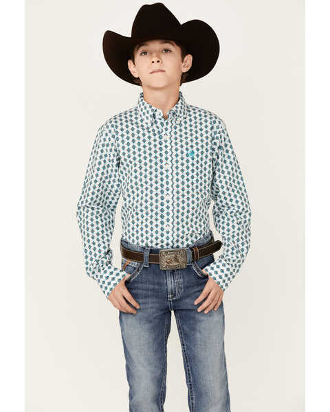 Ariat Boys' Derek Diamond Geo Print Long Sleeve Button-Down Western Shirt , White, hi-res