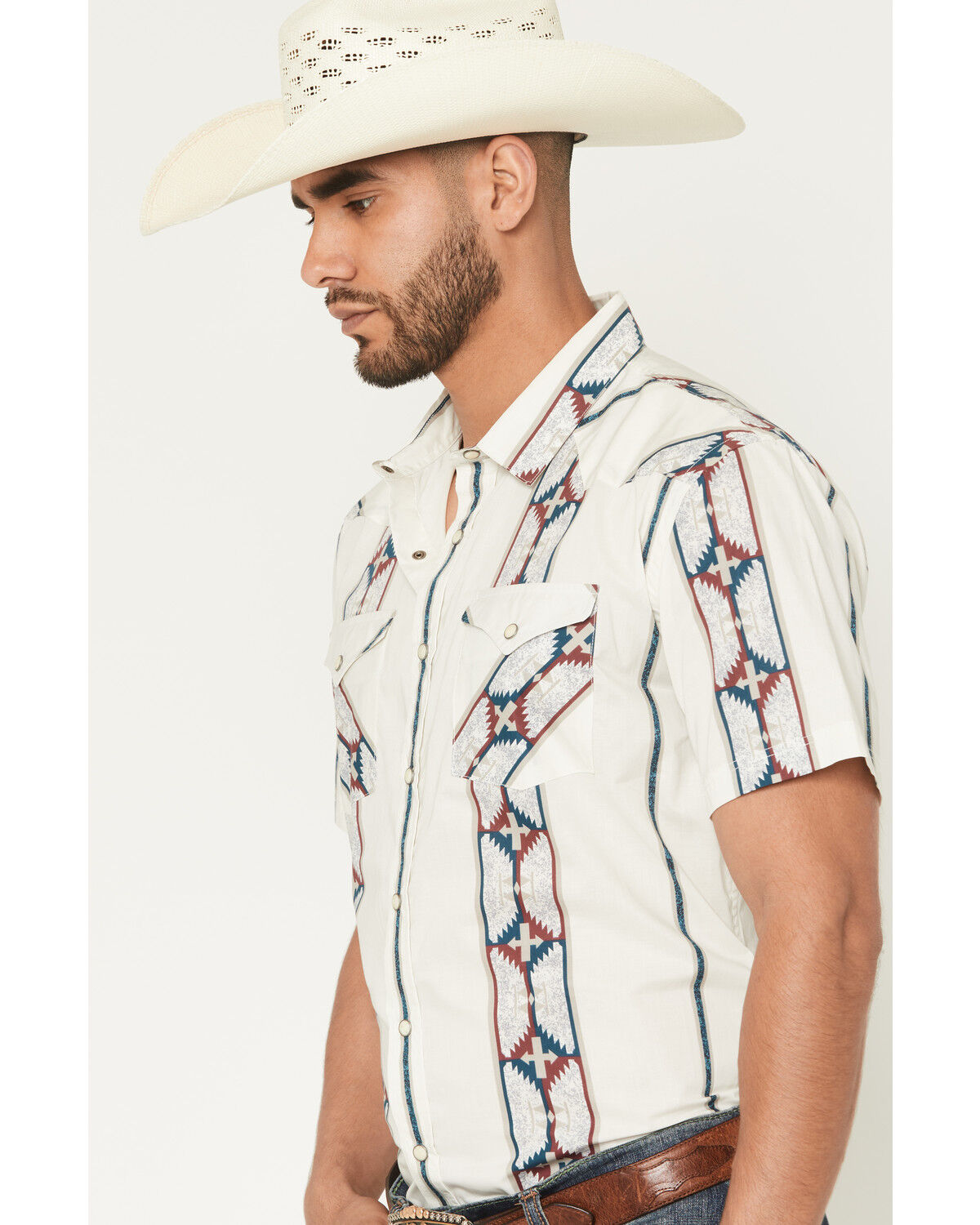Image #2 - Panhandle Men's Southwestern Stripe Print Short Sleeve Snap Western Shirt, Cream, hi-res