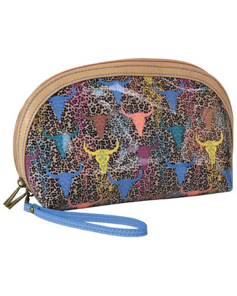 Catchfly Women's Leopard & Steer Head Print Dome Cosmetic Wristlet Bag, Multi, hi-res