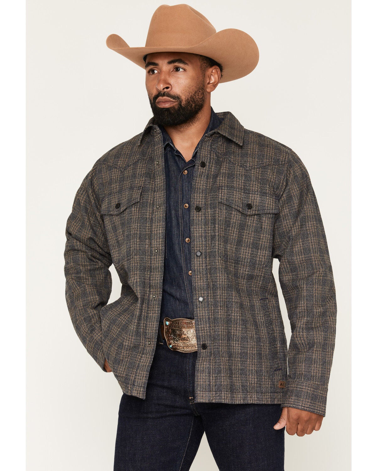 Ariat Men's Menswear Plaid Print Snap Shirt Jacket, Grey, hi-res