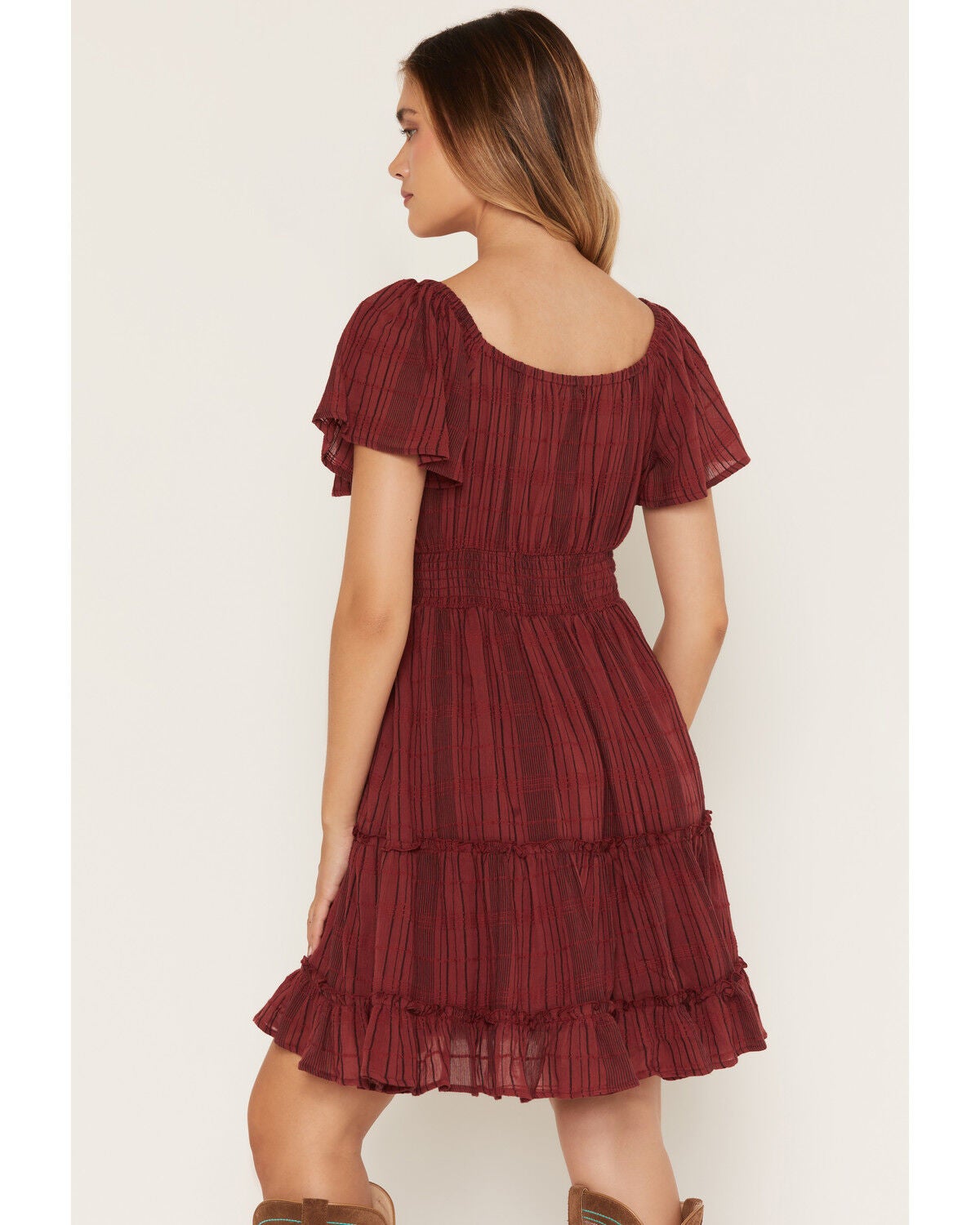 Image #4 - Wild Moss Women's Short Sleeve Lace Trim Tiered Mini Dress, Rose, hi-res