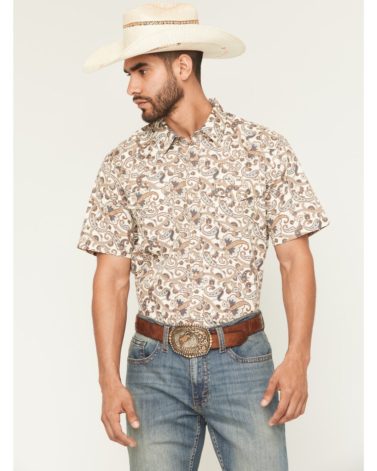 Cody James Men's Carlsbad Paisley Print Short Sleeve Snap Western Shirt, Cream, hi-res