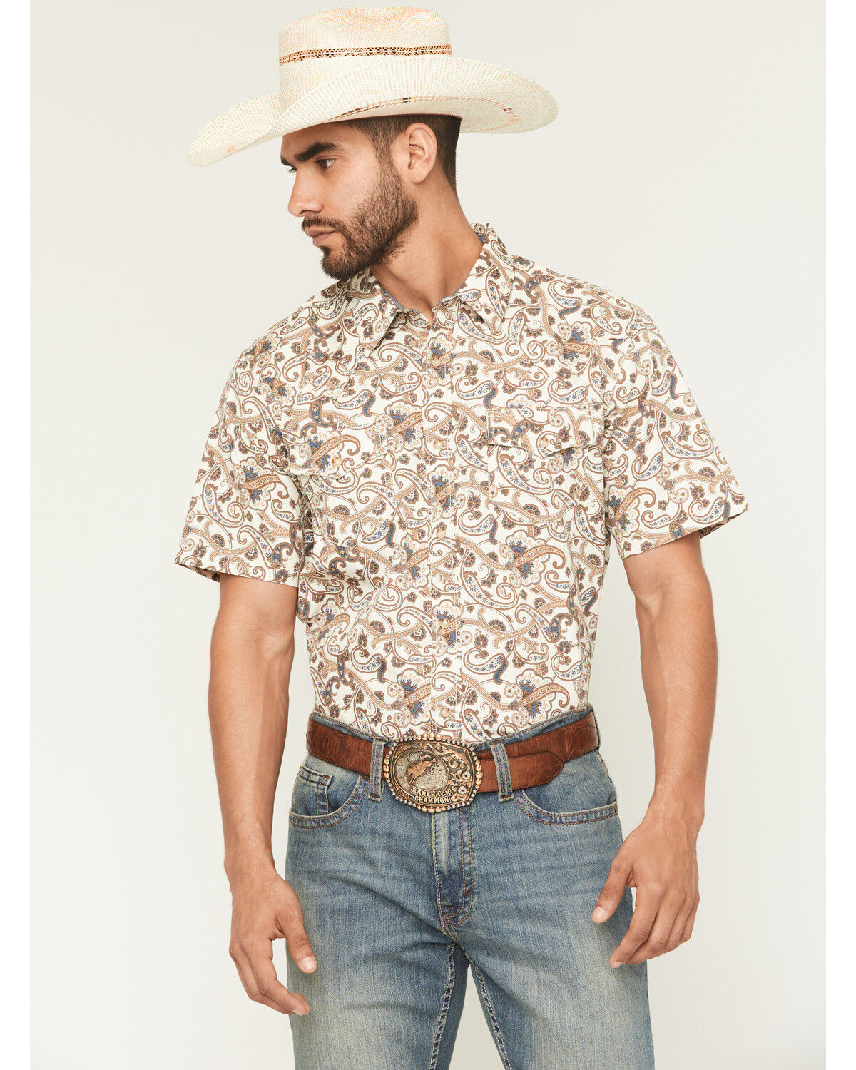 Image #1 - Cody James Men's Carlsbad Paisley Print Short Sleeve Snap Western Shirt, Cream, hi-res