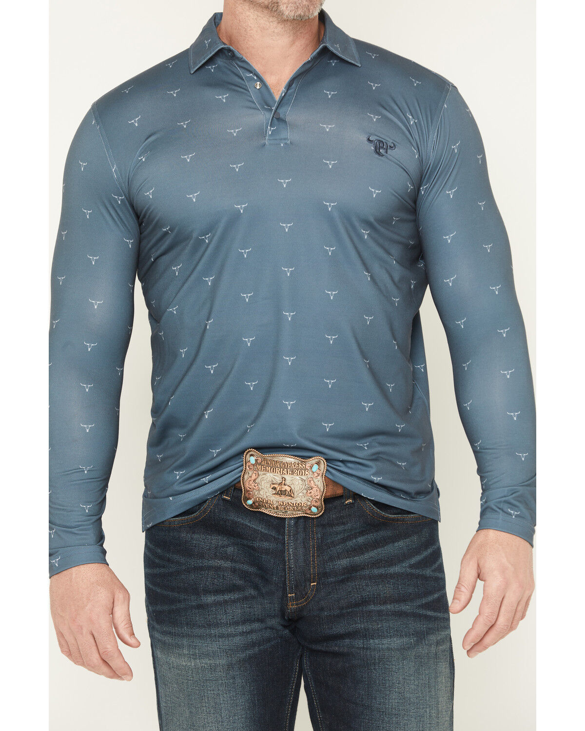 Image #3 - Cowboy Hardware Men's Steerhead Print Long Sleeve Snap Polo, Slate, hi-res