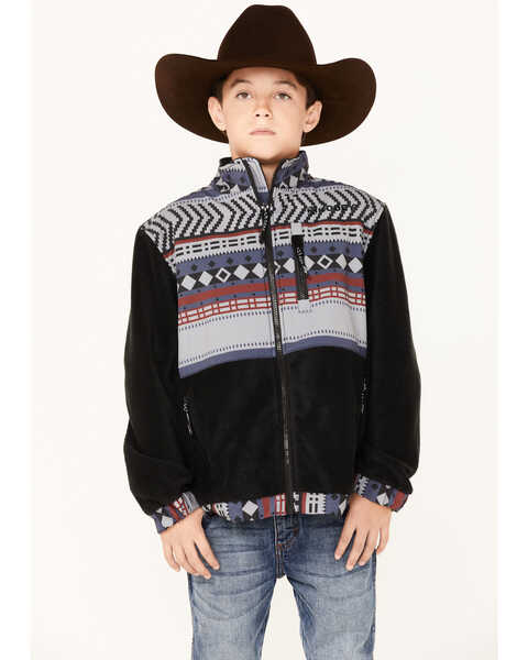 HOOey Boys' Southwestern Print Zip-Front Fleece Jacket, Black, hi-res