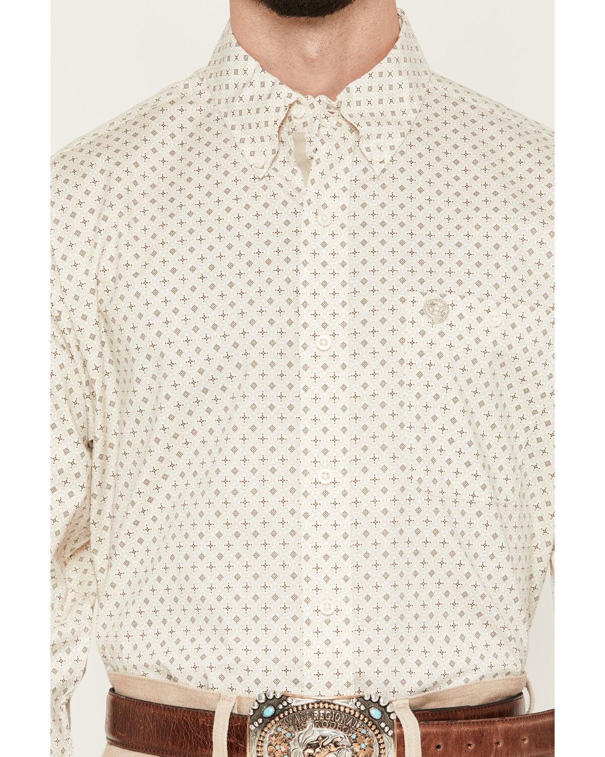Image #3 - George Strait by Wrangler Men's Geo Print Long Sleeve Button-Down Stretch Western Shirt - Tall, Cream, hi-res