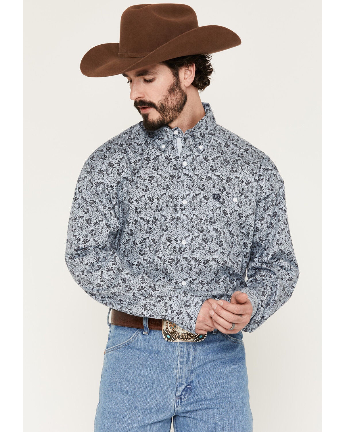George Strait by Wrangler Men's Paisley Print Long Sleeve Button-Down Stretch Western Shirt, Blue, hi-res